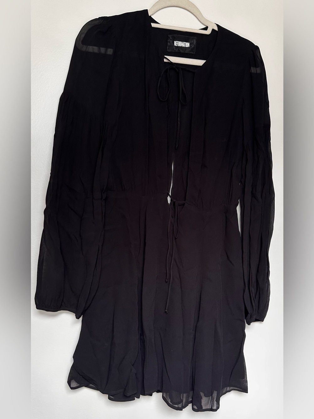 Reformation Black Long-Sleeve Tie-Front Mini Dress - Sheer Sleeve Detail